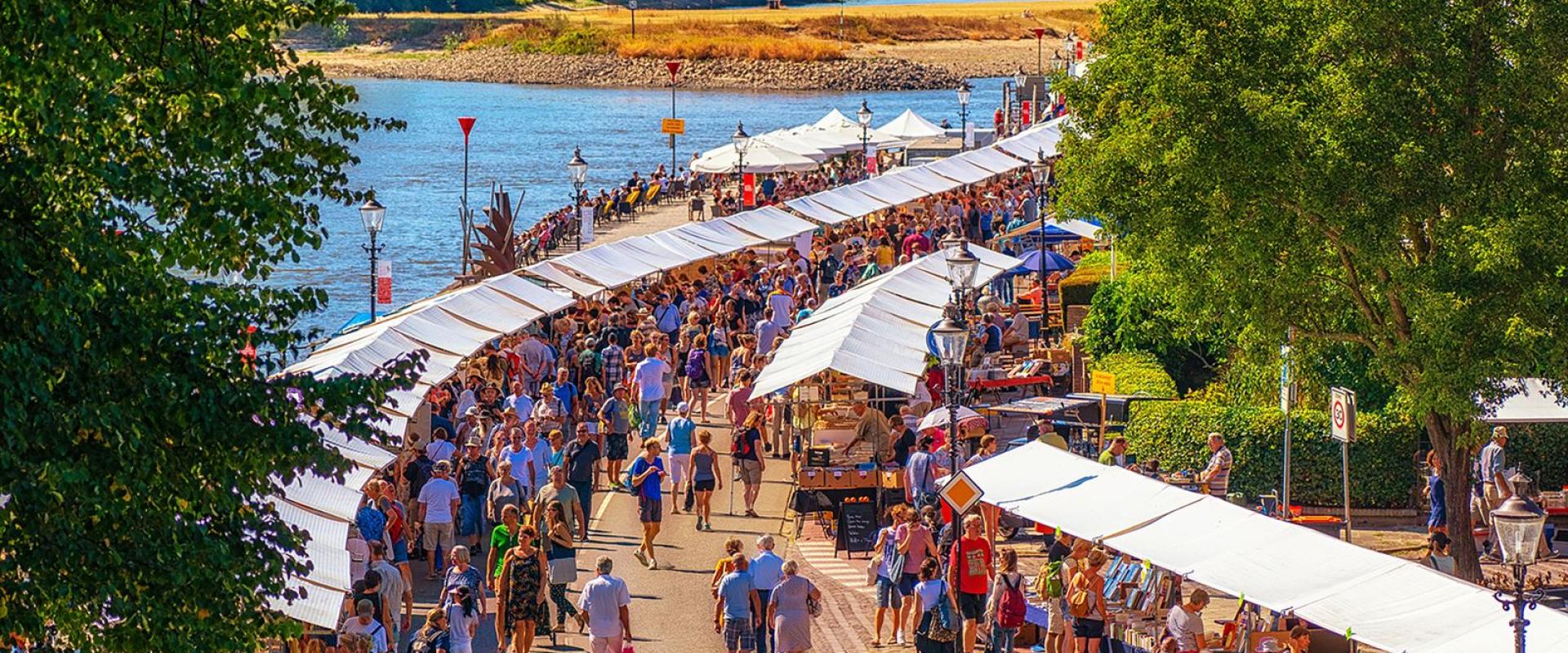 A lively outdoor market in Deventer, Netherlands with crowds enjoying a sunny day.