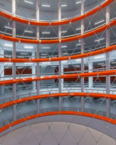 Architectural view of a modern multi-storey car park in Leiden with vibrant design.