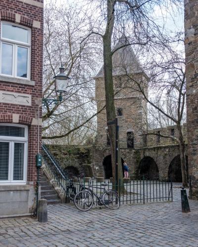 View of the Jekertoren tower, a historic landmark in Maastricht, Netherlands.