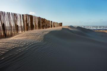 Captivating view of sand dunes and wooden fence at Zandvoort beach, Netherlands.