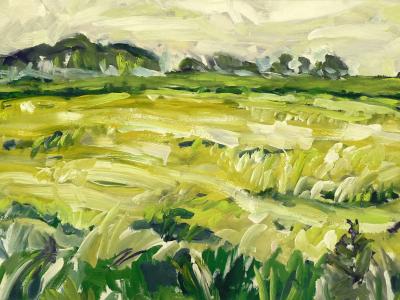 Dutch Summer-landscape in province Groningen in 1985, ripe grain fields near the village Bourtange - gouache painting on paper by artist Fons Heijnsbroek, landscape painting in The Netherlands